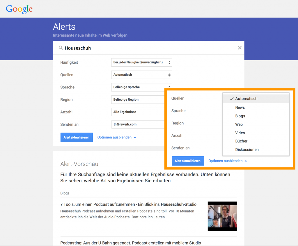 Markenüberwachung, automisch mit Google Alerts